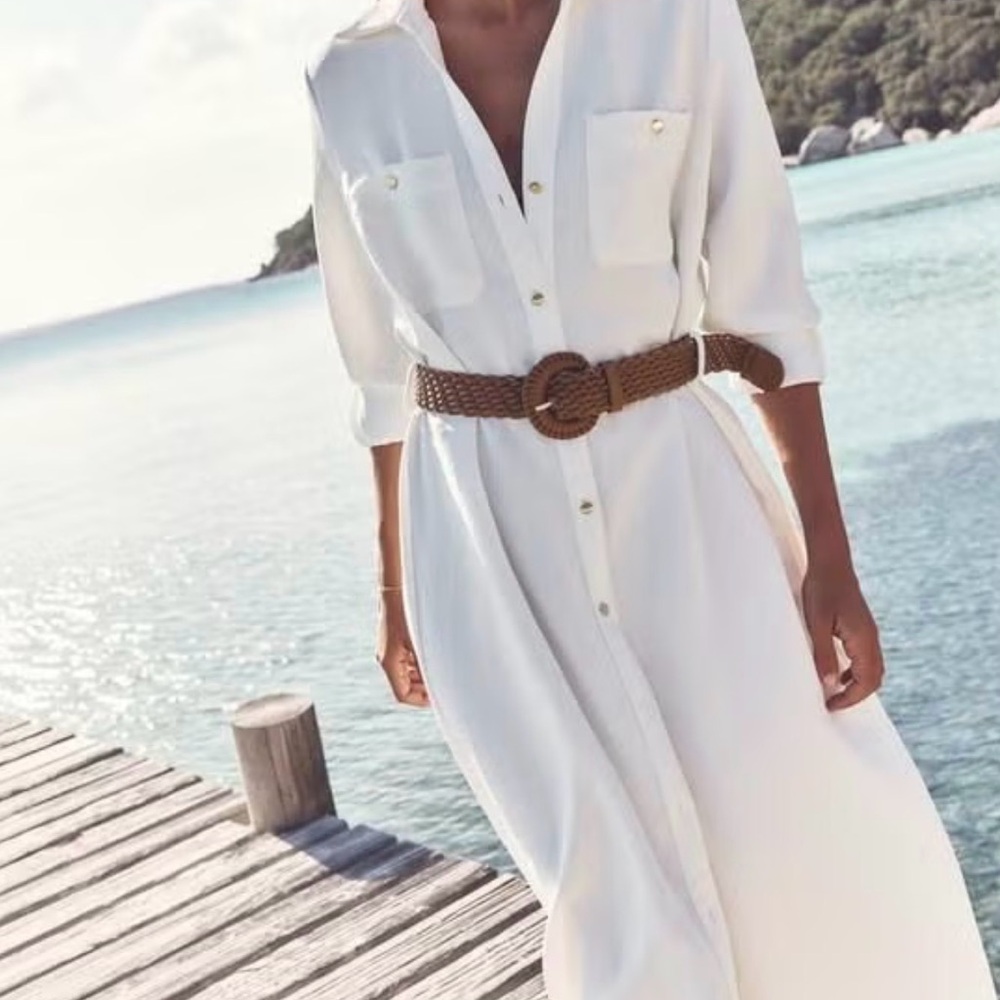 Zara White Long Sleeve Button-Front Shirt Dress with Brown Woven Belt - Picture 4 of 7